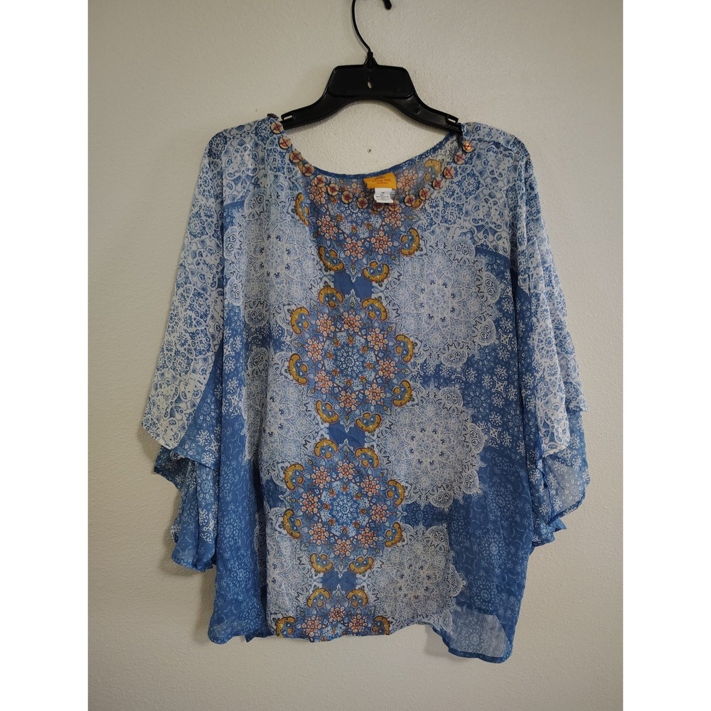 Ruby Rd Blue Medallion Paisley Chiffon Flutter Sleeve Poncho Top 1X